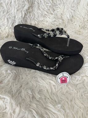 🌸. #5016.  Women's Black Beaded Wedge Flip Flops